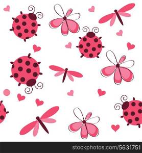 Romantic seamless pattern with dragonflies, ladybugs, hearts and flowers on a white background