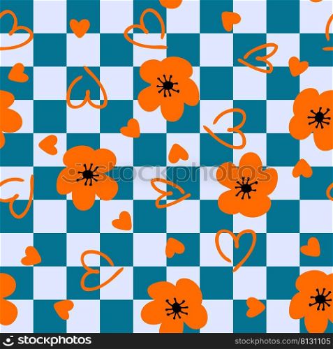 Romantic seamless pattern with flowers and hearts on checkered background. Hippie aesthetic print for fabric, paper, T-shirt. Simple floral vector illustration for decor and design.