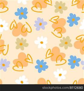 Romantic seamless pattern with hearts and daisy flowers. Summer aesthetic print for fabric, paper, T-shirt. Doodle vector illustration for decor and design.