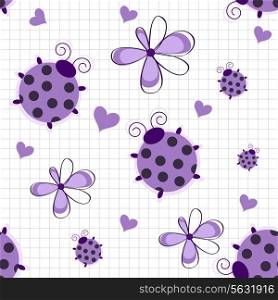 Romantic seamless pattern with ladybugs, hearts and flowers on a white background..