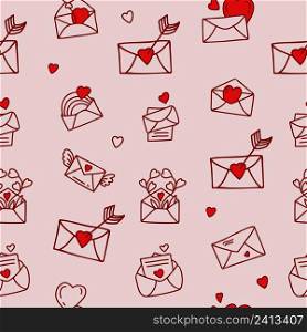 Romantic Seamless pattern with love envelopes, letters, hearts, wings, rainbows and arrows on pink background. Vector illustration in linear hand drawn doodle style. Mail for Valentines Day