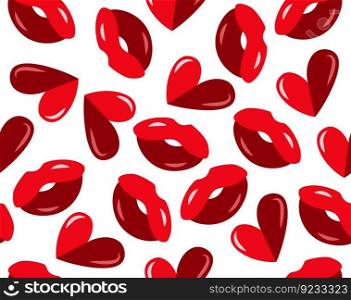Romantic seamless vector pattern heart shape love kiss lips red isolated icon set cartoon flat romance valentines day background print template