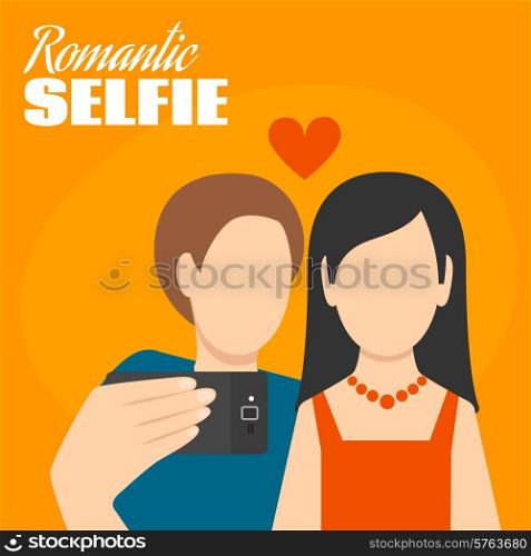 Romantic selfie poster with man and woman loving couple flat vector illustration. Romantic Selfie Poster