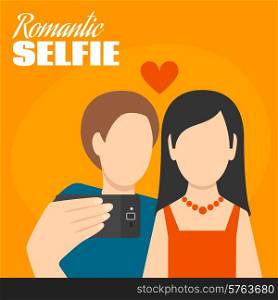 Romantic selfie poster with man and woman loving couple flat vector illustration. Romantic Selfie Poster