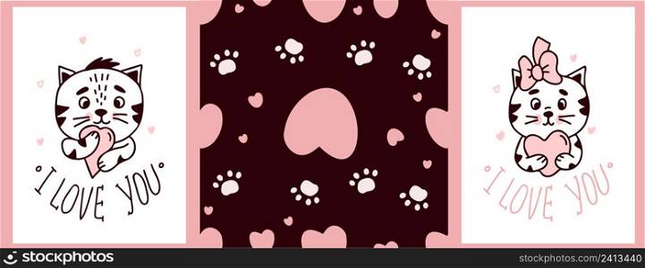 Romantic Set of two valentine cards with cute cats boy and girl with hearts with text - I love you and Seamless pattern with pink hearts and cat footprints on burgundy background. Vector illustration