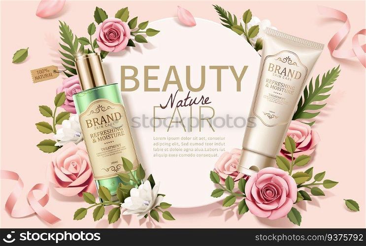 Romantic skincare ads with elegant paper art flowers decorations on light pink background, 3d illustration. Romantic skincare ads