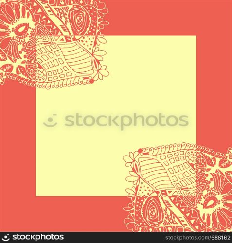 Romantic style greeting crad design template. With doodle hand drawn background and circle frame for your text.