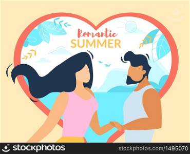 Romantic Summer Horizontal Banner, Loving Happy Couple Holding Hands in Heart Shaped Frame with Seascape. Love Story Poster, Honeymoon Trip, Valentine Day, Summertime, Cartoon Flat Vector Illustration. Romantic Summer Banner, Loving Happy Couple, Love