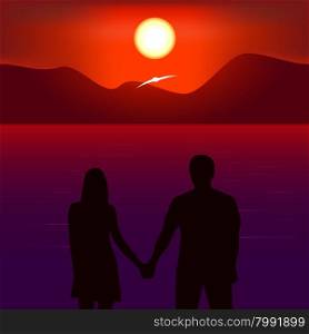 Romantic sunset. Romantic sunset on the beach. Two people kept for hands. Look at the sunset. Flying gull on a background of mountains
