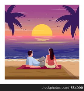 Romantic sunset semi flat vector illustration. Tropical beach. Woman and man watch waves. Palm trees on seascape. Couple on date in evening 2D cartoon characters for commercial use. Romantic sunset semi flat vector illustration