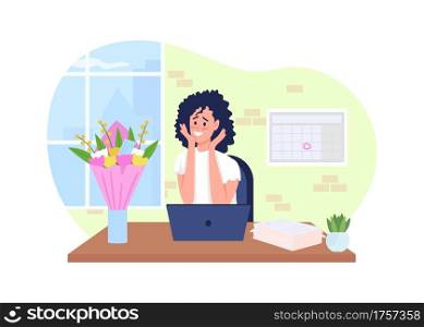 Romantic surprise 2D vector web banner, poster. Happy woman at working desk flat character on cartoon background. Bouquet in vase. Congratulate with flowers printable patch, colorful web element. Romantic surprise 2D vector web banner, poster