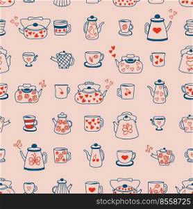 Romantic teapot, cups and mugs seamless pattern with hearts. Perfect print for tee, textile and fabric. Flat vector illustration for decor and design.