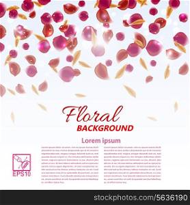 Romantic texture with flower petals and leaves on a light background. Vector illustration.