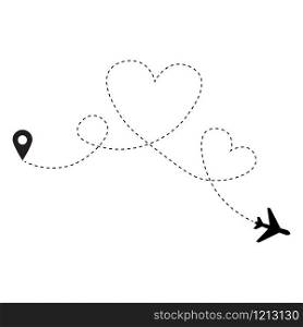 Romantic travel, heart dashed line trace and plane routes. Hearted airplane path, flight air dotted love valentine day drawing