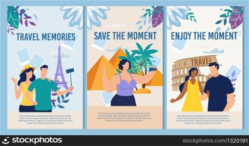 Romantic Travels for Newlyweds, Honeymoon Trips in Foreign Country Trendy Flat Vector Web Banners, Landing Pages Set. Happy Tourists, Couple in Love Making Selfie in Paris, Rome and Egypt Illustration