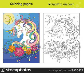 Romantic unicorn portrait with moon and stars in the cloudy sky. Coloring book page wih colored template. Vector cartoon isolated illustration. For coloring book, preschool education, print, game. Romantic unicorn portrait coloring book vector template