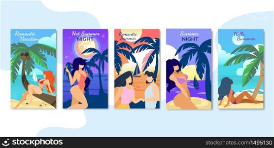 Romantic Vacation, Hot Summer Night Vertical Banners, Mobile App Page Onboard Screen Set for Website, Beautiful Girls in Bikini and Loving Couple on Exotic Beach, Cartoon Flat Vector Illustration. Romantic Vacation, Summer Night Vertical Banners