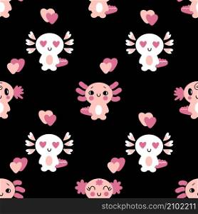 Romantic valentine axolotls seamless pattern. Perfect for T-shirt, textile and print. Hand drawn vector illustration for decor and design.