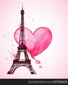 Romantic Valentine background with red watercolor heart and Eiffel Tower