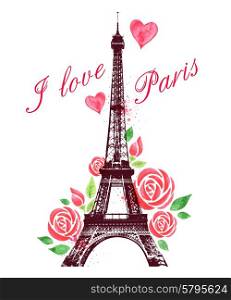 Romantic Valentine background with red watercolor roses and Eiffel Tower