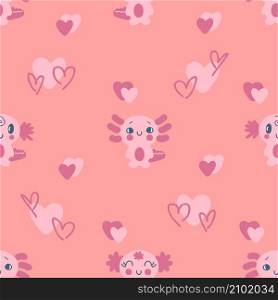 Romantic valentine seamless pattern with axolotls and hearts. Perfect for T-shirt, textile and print. Hand drawn vector illustration for decor and design.