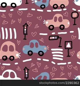 Romantic valentine seamless pattern with cars and hearts. Perfect for T-shirt, textile and prints. Hand drawn vector illustration for decor and design.