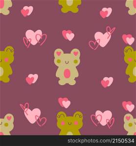 Romantic valentine seamless pattern with frogs and hearts. Perfect for T-shirt, fabric, textile and print. Hand drawn vector illustration for decor and design.