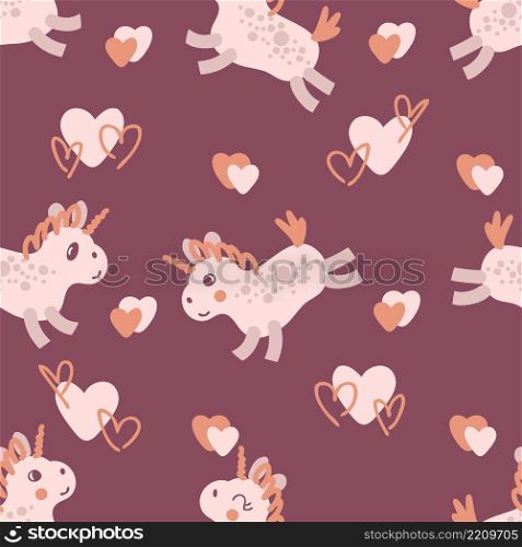 Romantic valentine seamless pattern with unicorns and hearts. Perfect for T-shirt, textile and print. Hand drawn vector illustration for decor and design.
