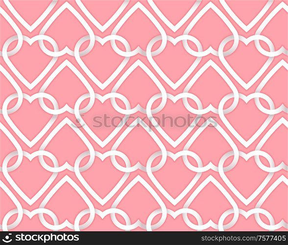 Romantic Valentine seamless pattern with white paper hearts on a pink background. Vector illustration