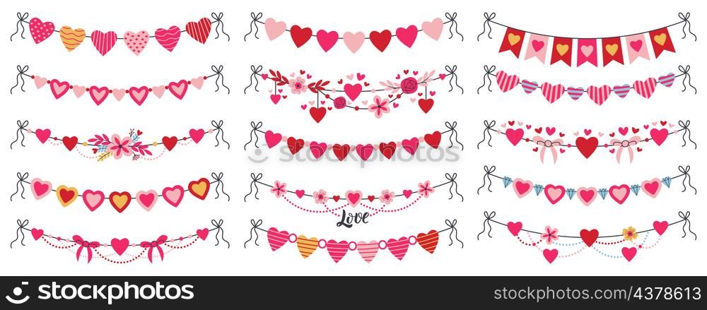 Romantic valentines day heart shaped bunting garlands. Cute hanging bunting hearts, romantic greeting heart flags vector illustration set. Valentines day decorations. Holiday celebration decor. Romantic valentines day heart shaped bunting garlands. Cute hanging bunting hearts, romantic greeting heart flags vector illustration set. Valentines day decorations