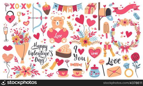Romantic valentines day stickers, heart shape and love letter. Valentines day elements, sweets, flowers and gifts vector illustration set. Cute romantic holiday stickers. Presents for partner badges. Romantic valentines day stickers, heart shape and love letter. Valentines day elements, sweets, flowers and gifts vector illustration set. Cute romantic holiday stickers