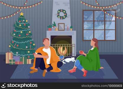 Romantic winter evening flat color vector illustration. Celebrating Christmas together near tree with presents. Couple sitting at fireplace at home 2D cartoon characters with interior on background. Romantic winter evening flat color vector illustration