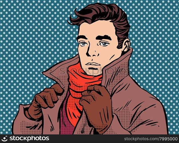 Romantic young man cold weather pop art retro style. Loneliness and feelings. Beautiful man and love. Autumn winter weather. Romantic young man cold weather