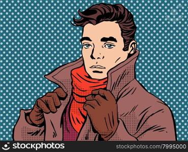 Romantic young man cold weather pop art retro style. Loneliness and feelings. Beautiful man and love. Autumn winter weather. Romantic young man cold weather