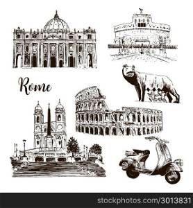 Rome architectural symbols: Coliseum, St. Peter Cathedral, wolf, romulus, scooter etc drawn vector sketch illustration.. Rome architectural symbols: Coliseum, St. Peter Cathedral, Castel Sant&rsquo;Angelo wolf, romulus, Piazza di Spagna, scooter. vector sketch illustration. For prints, textile advertising City panorama
