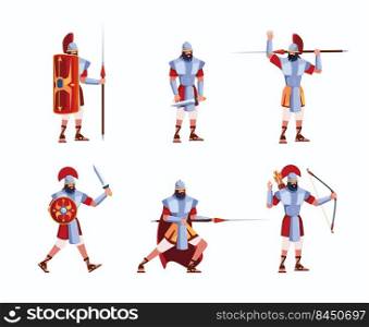 Rome army. Greek legion soldiers with weapons antique fighters from sparta ancients military romain characters garish vector colored warriors. Illustration of soldier and warrior in helmet. Rome army. Greek legion soldiers with weapons antique fighters from sparta ancients military romain characters garish vector colored warriors