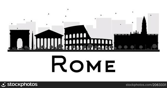 Rome City skyline black and white silhouette. Vector illustration. Simple flat concept for tourism presentation, banner, placard or web site. Business travel concept. Cityscape with landmarks