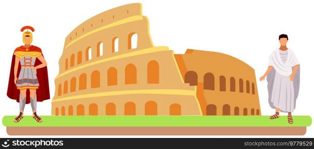 Rome coliseum, ancient inhabitants stand near antique building vector catroon illustration. Roman citizens dressed in national costumes, legionary warrior stand near destroyed monument of architecture. Rome coliseum, ancient inhabitants stand near antique building vector catroon illustration