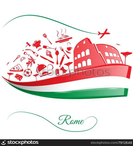 rome colosseum with food element on italian flag