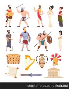 Rome elements. Cultural ancient traditional objects and architectural constructions historic characters coliseum warriors and rome vector. Illustration ancient character, antique civilization. Rome elements. Cultural ancient traditional objects and architectural constructions historic characters coliseum warriors and rome citizens exact vector collection