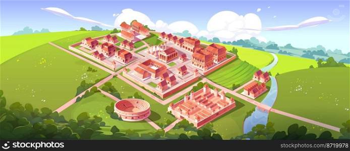 Rome isometric landscape with antique city building on hill vector cartoon game background. Capitol temple and basilica with square, roman forum, taberna and insula, military c&, river with bridge. Rome isometric landscape with antique building