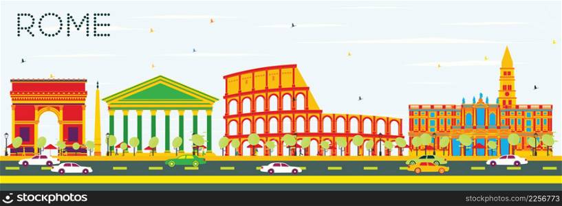 Rome Skyline with Color Buildings and Blue Sky. Vector Illustration. Business Travel and Tourism Concept with Historic Architecture. Image for Presentation Banner Placard