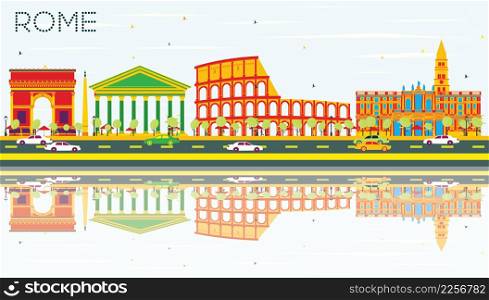 Rome Skyline with Color Buildings, Blue Sky and Reflections. Vector Illustration. Business Travel and Tourism Concept with Historic Architecture. Image for Presentation Banner Placard