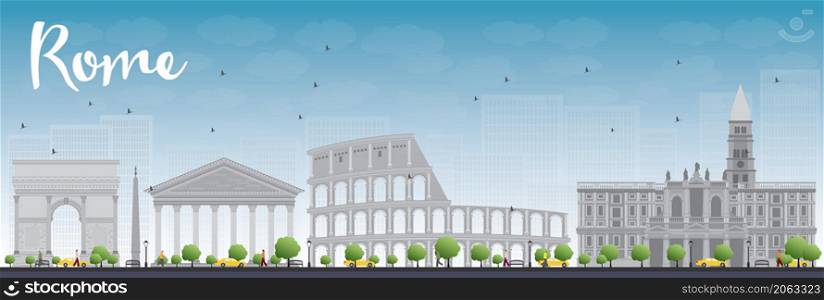 Rome skyline with grey landmarks and blue sky. Vector illustration