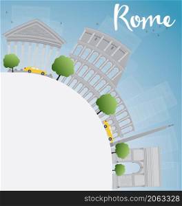 Rome skyline with grey landmarks and copy space. Business travel and tourism concept with historic buildings. Image for presentation, banner, placard and web site. Vector illustration