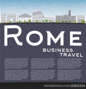 Rome skyline with grey landmarks and copy space. Business travel concept. Vector illustration