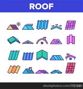 Roof Construction Collection Icons Set Vector Thin Line. Sun Solar Battery On House Roof, Metallic And Tile Roofing Material On Building Top Concept Linear Pictograms. Color Illustrations. Roof Construction Collection Icons Set Vector