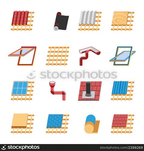 Roof construction with various mounting structures and insulation layers flat icons collection abstract isolated vector illustration. Roof Construction Elements Flat Icons Set