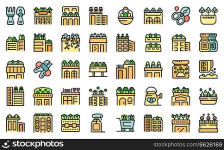 Roof gardening icons set outline vector. House office. Home roof thin line color flat on white isolated. Roof gardening icons set vector line color