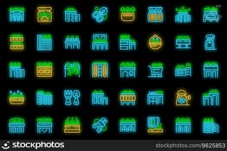 Roof gardening icons set outline vector. House office. Home roof neon color on black. Roof gardening icons set vector neon